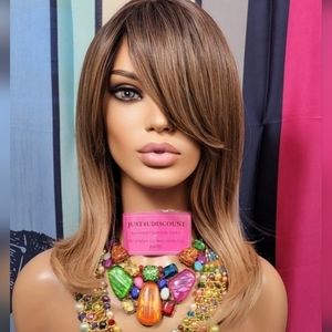 Swoop bang ash blonde brown root balayage highlighted wig this wig